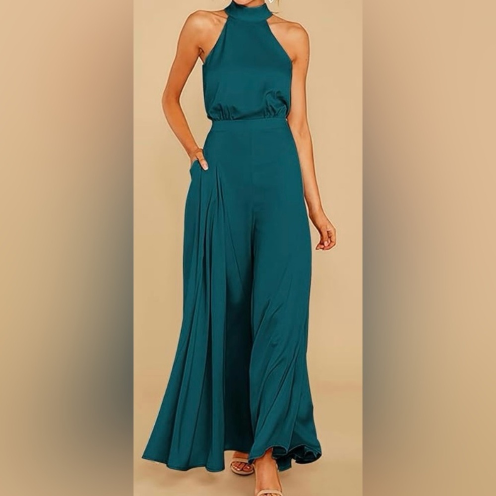 S. Deer | Sleeveless Halter Tied Jumpsuit with Pockets High Waist Wide Leg Pant